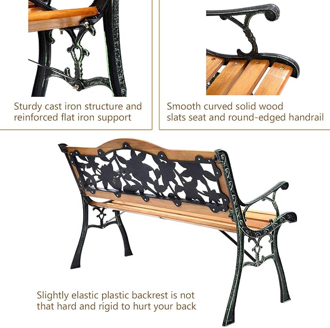 Giantex 50 Inch Patio Bench, Outdoor Furniture Rose Cast Iron Hardwood Frame - Image 5