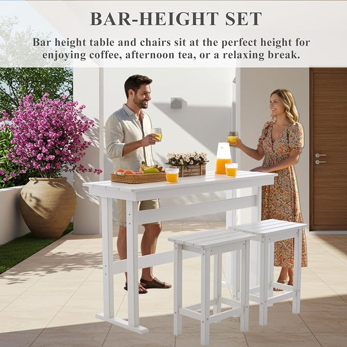 3 Pcs HDPE Outdoor Bar Set of 2 Includes Bar Height Table and Chairs, Patio Bar - Image 3