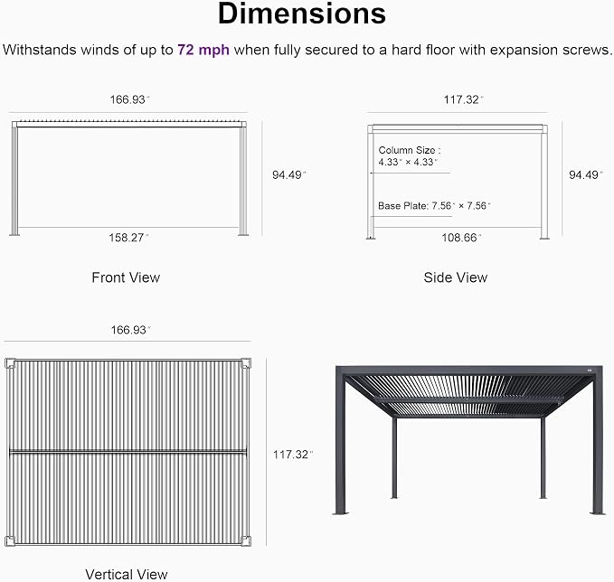 PURPLE LEAF Louvered Pergola 94AS 10' x 14' Outdoor Aluminum Pergola - Image 6