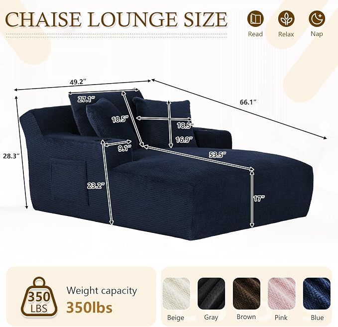 Oversized Chaise Lounge Chair Indoor, Upholstered Boneless Cloud Couch Chair - Image 2