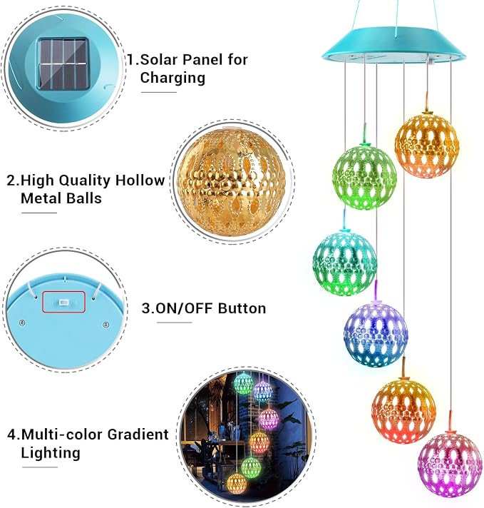 Toodour Solar Wind Chime, Color Changing Moroccan Ball Wind Chimes, LED - Image 3