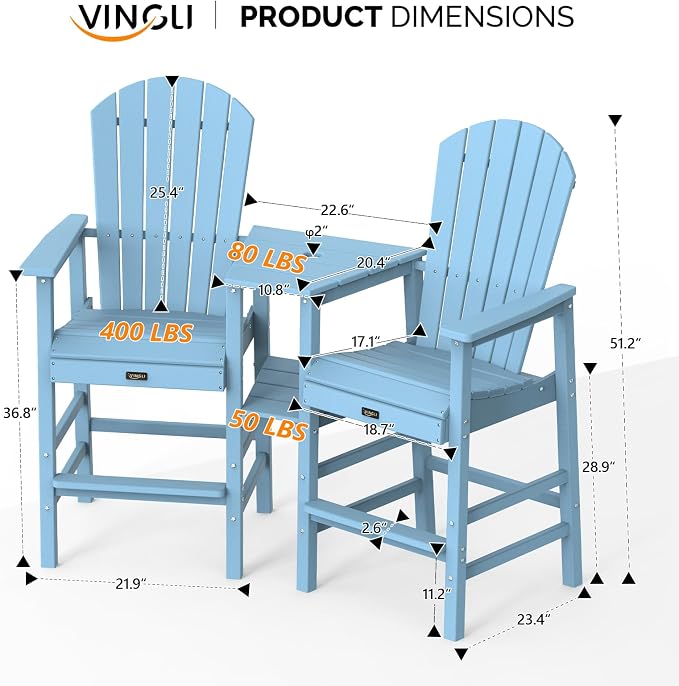 VINGLI Tall Adirondack Chairs Set of 2, All Weather HDPE Bar Height Adirondack - Image 7