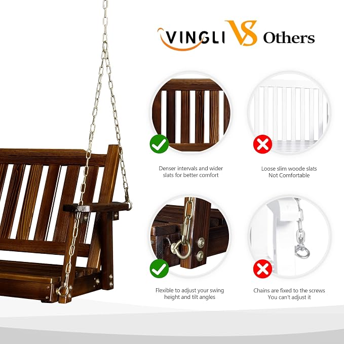VINGLI Upgraded Heavy Duty 880 LBS 4 FT Patio Wooden Porch Swing Solid Fir Wood - Image 2