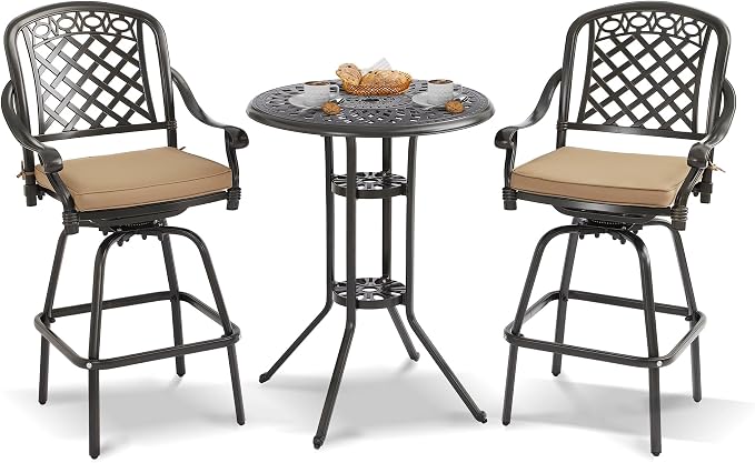 3-Piece Cast Aluminum Patio Bar Set, Outdoor Round High Top Table & 2 Swivel by Sumshadow