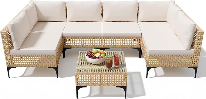 Devoko Patio Furniture Set 7 Piece Outdoor Sectional Sofa Hollow Rattan Patio by DEVOKO