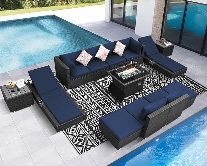 NICESOUL 13 Piece Patio Sectional w/Fire Pit, Modular Wicker Outdoor Couch - Image 2