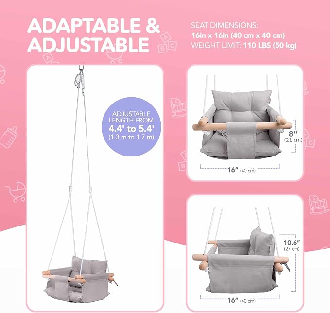 CaTeam - Canvas Baby Swing, Wooden Hanging Swing Seat Chair - Image 4