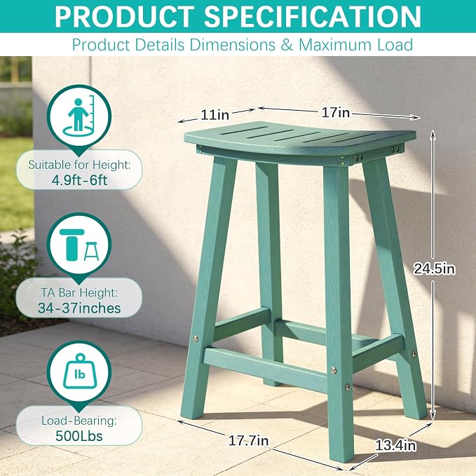 Outdoor Bar Stools Set of 4, 24 Inch All-Weather HDPE Counter Height Chairs - Image 3