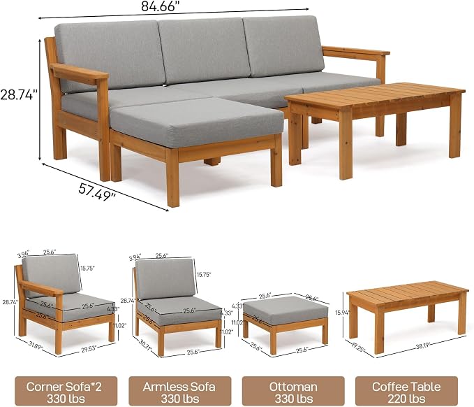 VINGLI 5 Pieces Wood Patio Furniture L-Shaped Outdoor Sectional Sofa Set - Image 3