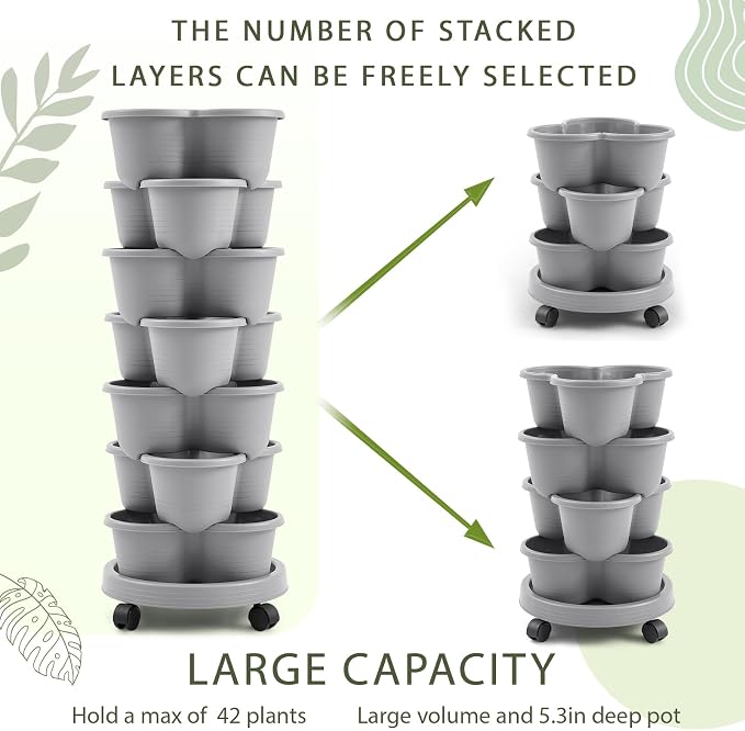 Umigy 2 Set Light Gray 7 Tier Stackable Vertical Planters - Image 5
