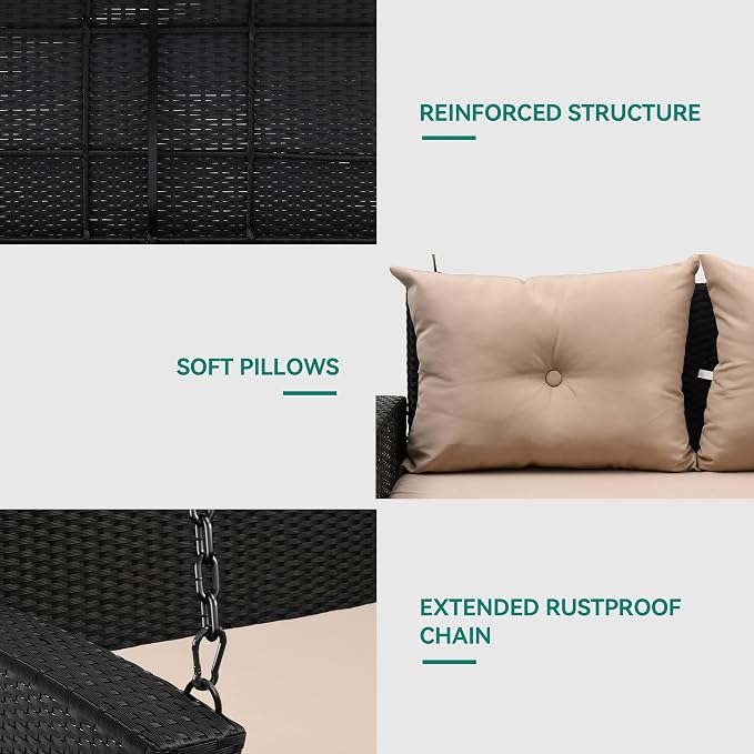 YITAHOME Wicker Hanging Porch Swing Chair 2-Seats Outdoor Black Rattan Patio - Image 7