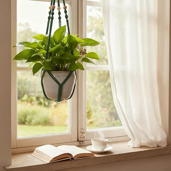 Macrame Plant Hanger, Wood Beads Cotton Hanging Planter Holder - Image 8