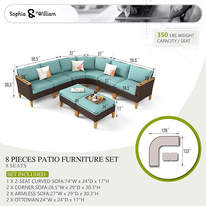 Sophia & William Outdoor Wicker Sectional Sofa Set, 8 Piece Half Moon Curved - Image 7