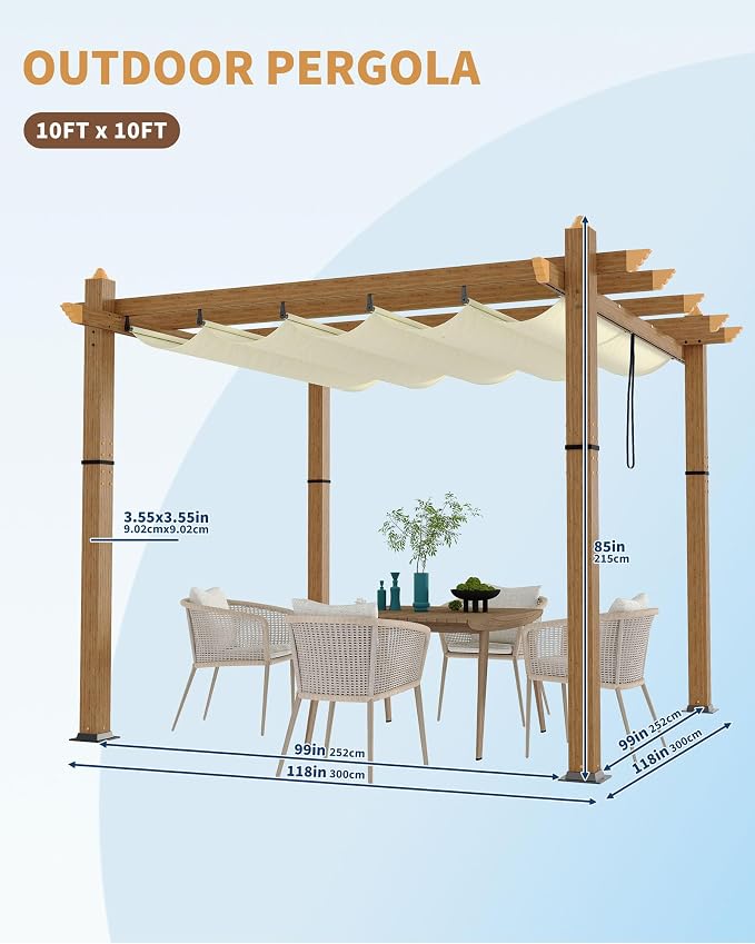 10x10 Ft Outdoor Pergola with Retractable Canopy Aluminum Imitation Wood Grain - Image 6