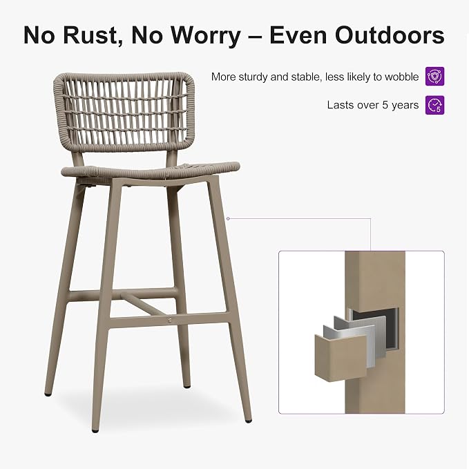 PURPLE LEAF Bar Stools Set of 4 Patio Wicker Bar Height Metal Chairs Boho High - Image 6