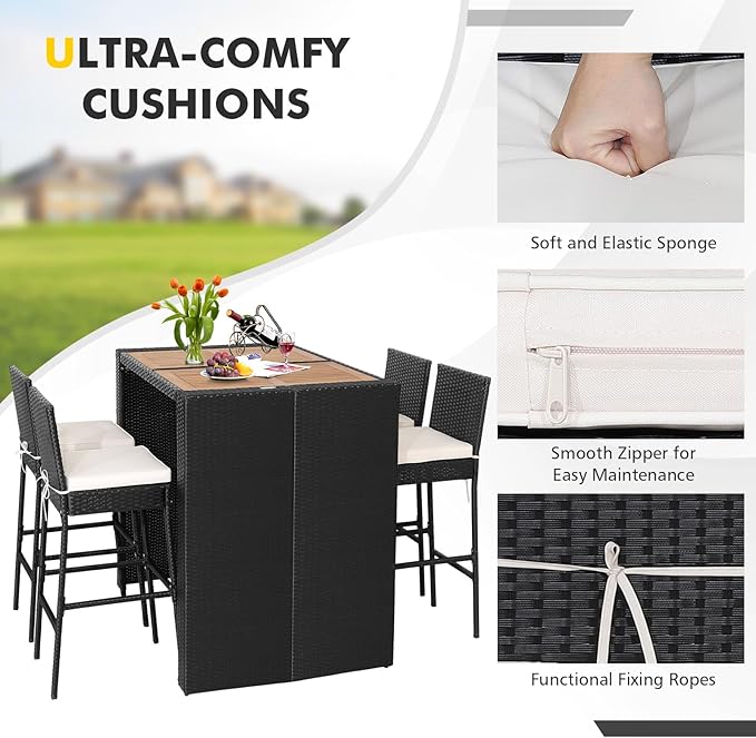 5 Piece Patio Wicker Bar Set, Rattan Bar Stools Set - Image 7