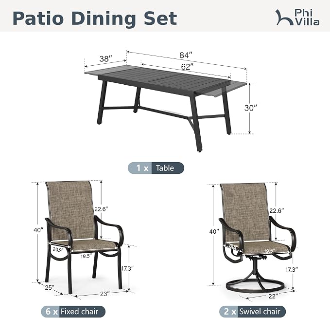 PHI VILLA 9 Piece Patio Dining Set, Expandable Table - Image 9