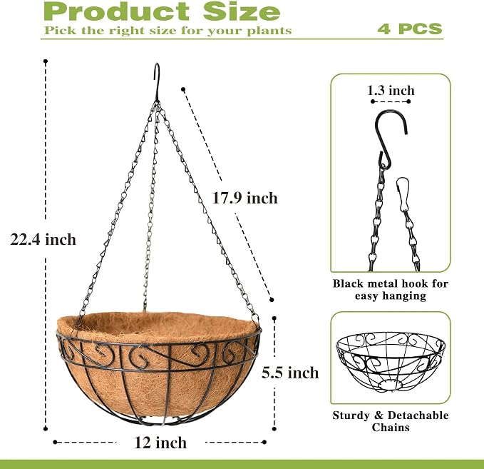 4 Pack 12 Inch Hanging Baskets for Plants Outdoor Metal Hanging Planter Hanging - Image 4