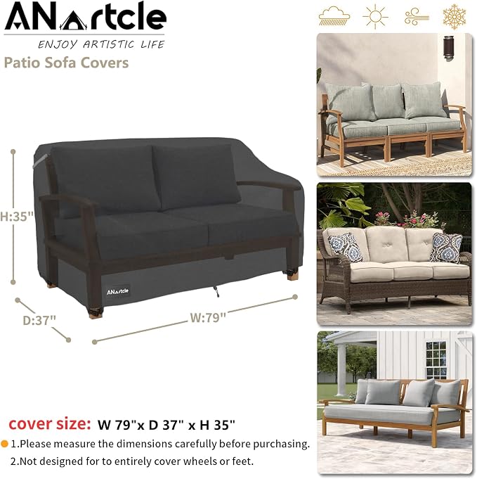 3-Seater Patio Sofa Cover, 79W x 37D x 35H Inches Outdoor Couch Cover, 100% - Image 3