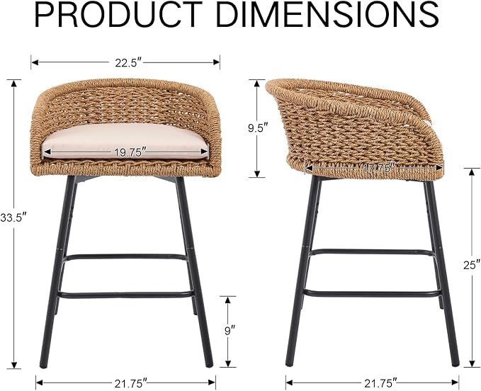 25" Outdoor Counter Height Bar Stools Set of 2, Modern Patio Wicker Bar Chairs - Image 2