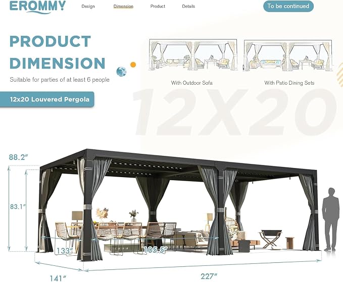 EROMMY Louvered Pergola 12' x 20' Outdoor Hard Top Pergola - Image 2