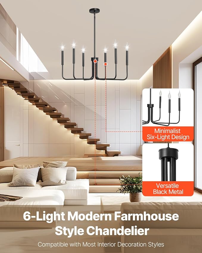 VEVOR 6-Light Chandelier, Metal Farmhouse Chandelier, Adjustable Height - Image 2