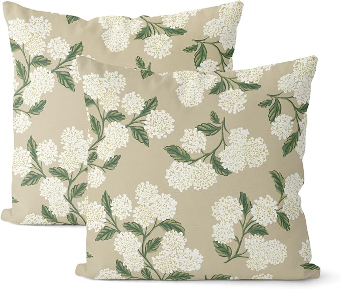 Beige Spring Pillow Covers 16x16 Inch 2 Pcs Khaki Green Hydrangea Flower Decor by DAFENA