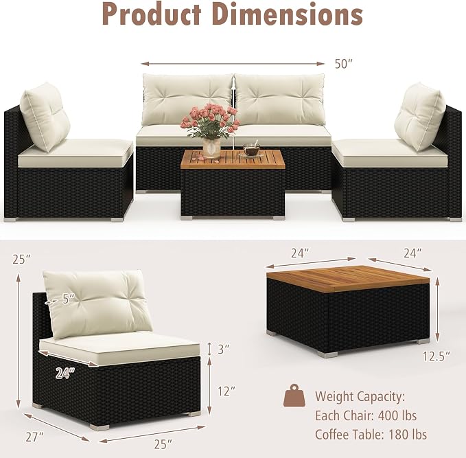 Tangkula 5 Piece Rattan Sofa Set, Patiojoy Outdoor Wicker Furniture Set - Image 4