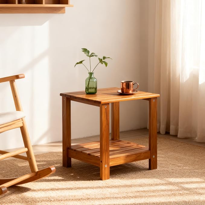 Utoplike Teak Side Table Outdoor, Patio End Table Double Layer, Wooden Coffee - Image 7