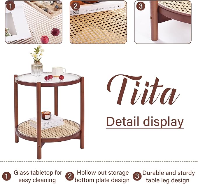 Tiita Rattan Nightstand Side Table, Bamboo Accent Bedside Tables, Glass Coffee - Image 4