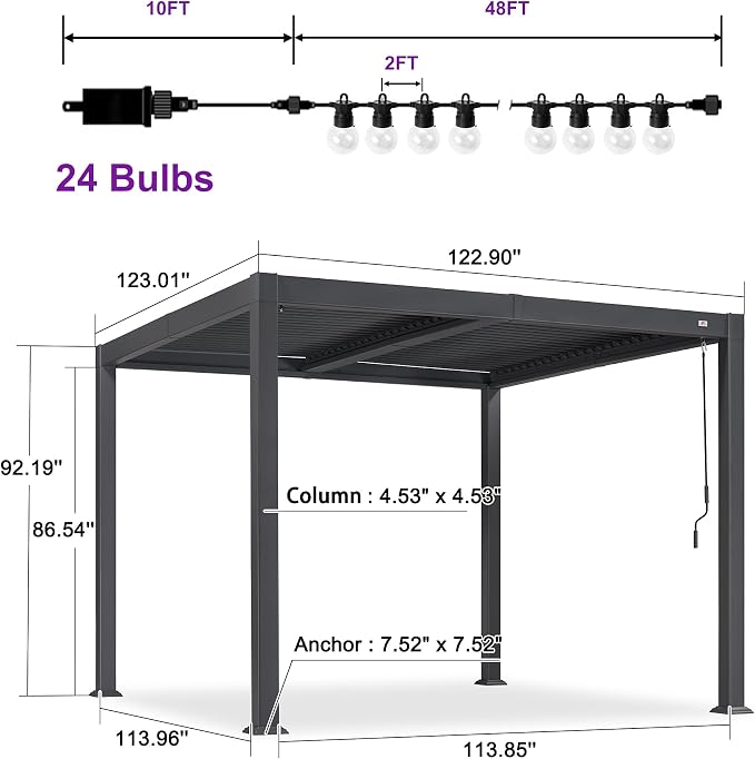 PURPLE LEAF Louvered Pergola w/Light 10' x 10' Aluminum Outdoor Pergola - Image 9