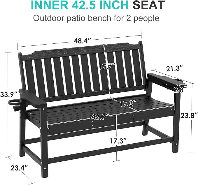 Outdoor Bench with Cup Holder All-Weather HDPE Fade Resistant Garden Bench 660 - Image 3