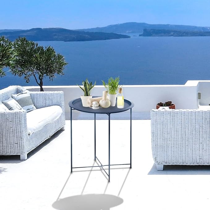 Garden 4 you End Table Metal Side Table Blue Round Folding Tray Cyan Sofa Small - Image 8