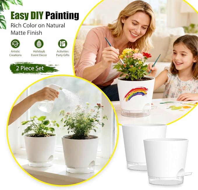Plant Pots 8 Inch Self Watering Pots, 2 Pack Plastic Planters - Image 6