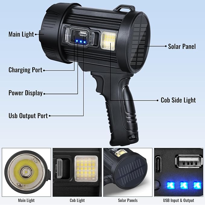 Rechargeable Spotlight, 000 LM Super Bright Handheld Spot Light LED Flashlight - Image 8