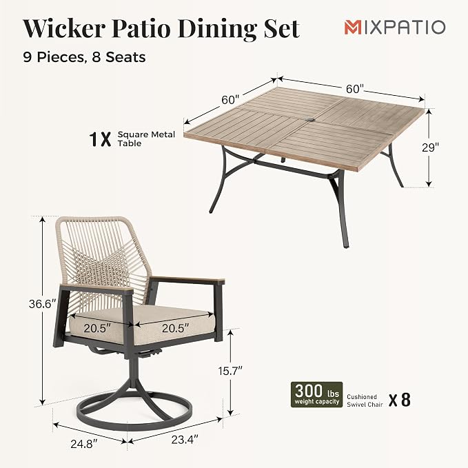 9 Pieces Outdoor Patio Dining Set, Wicker Patio Table and Chairs Set of 8 - Image 6