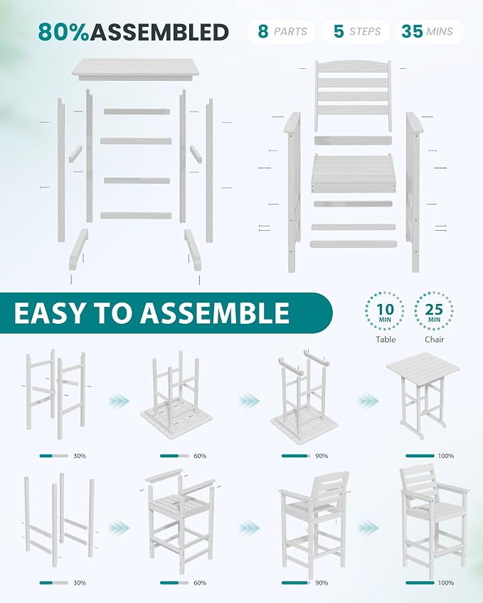 SERWALL 5 Pieces Adirondack Bar Chairs Set, HDPE Adirondack Barstools Chairs - Image 7
