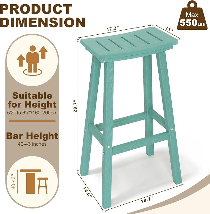 Outdoor Bar Stools Set of 4, 29 Inch All-Weather HDPE Bar Height Chairs - Image 3