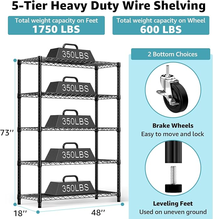 5-Shelf Storage Shelves, Wire Shelving Heavy Duty Metal Storage Shelving Unit - Image 3