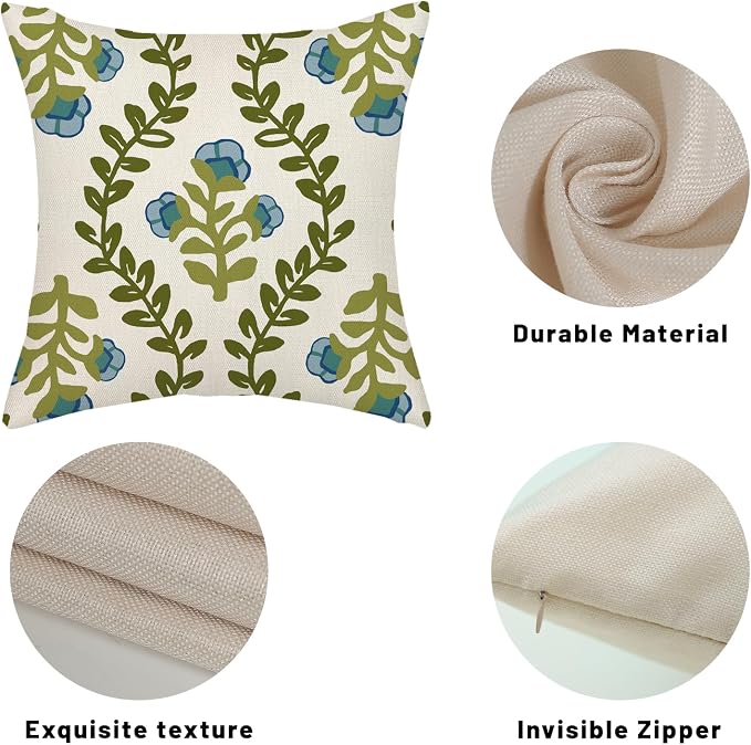 Sage Green Boho Pillow Covers 18x18 Inch 2 Pcs Blue Green Floral Leaves Decor - Image 7