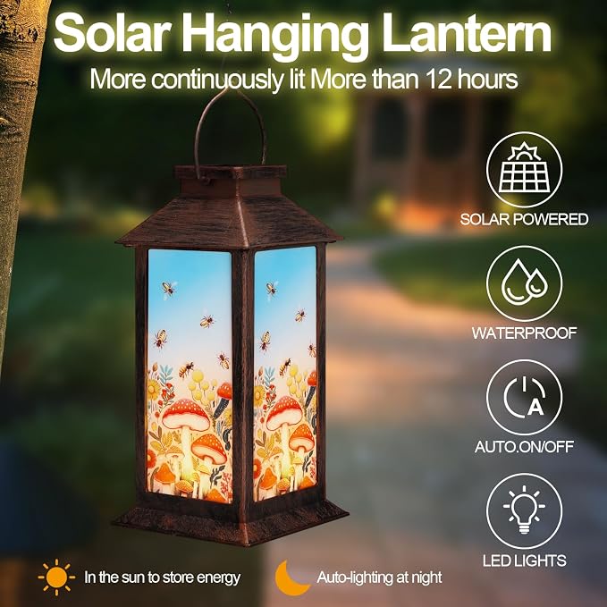 Outdoor Hanging Solar Lantern Waterproof Outside Bees Mushrooms Pattern - Image 2