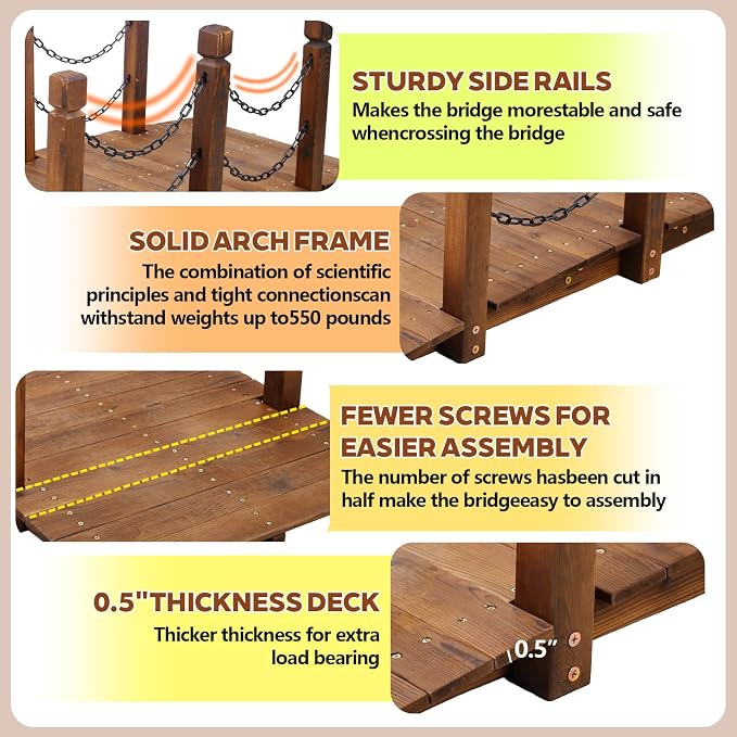 Wooden Garden Bridges for Outdoors 5ft, Garden Bridge for Backyard Yard Patio - Image 6
