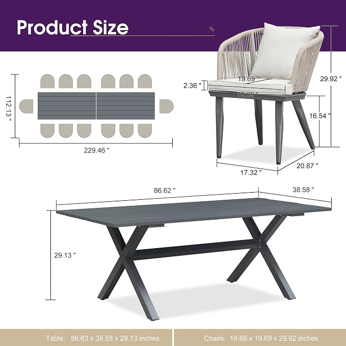 PURPLE LEAF 16 Pieces Patio Dining Set Wicker Outdoor Furniture Rectangular - Image 8
