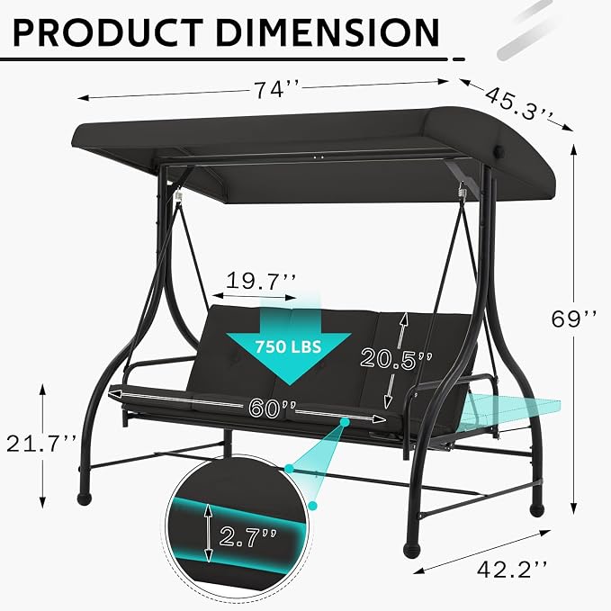 U-MAX Porch Swing Chair with Adjustable Backrest&Canopy, 3 Seat Patio Swing - Image 4