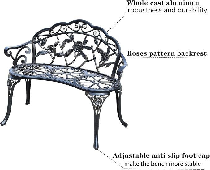 Cast Aluminium Outdoor Bench, Rose Garden Bench - Image 5