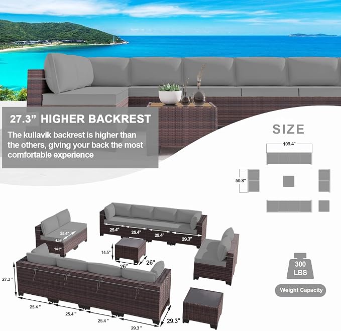 Kullavik 14 Pieces Outdoor Patio Furniture Set PE Wicker Rattan Sectional Sofa - Image 2