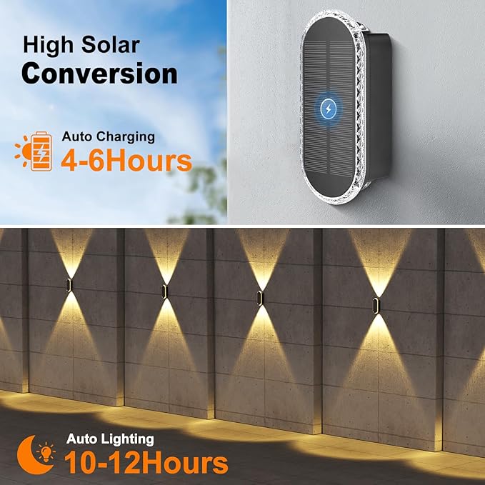 Ellasay Fence Lights Solar Powered: 4 Pack Solar Wall Lights Outdoor Up and - Image 4