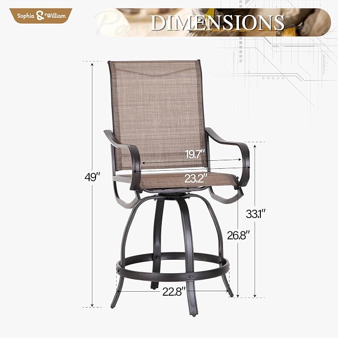 Sophia and William Patio Bar Stools Counter Height, Swivel Bar Chairs, Supports - Image 7