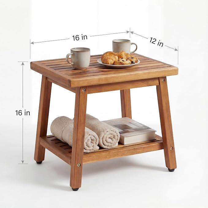 ENKEZI Small Acacia 16 Inches Outdoor Side Table, 2-Tier Sturdy Patio, End - Image 3