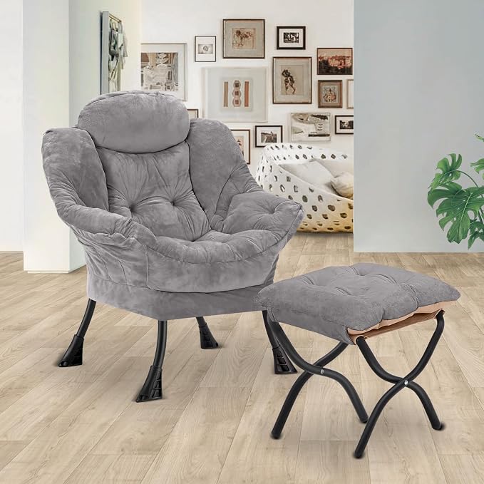 Lazy Chair with Folding Ottoman, Leisure Sofa Chair, Soft Fabric Armchair with - Image 2